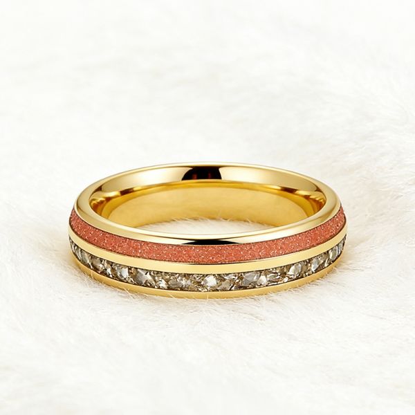 Custom Gold Polished Tungsten Wedding Band with Red Sandstone Inlay and German Glass