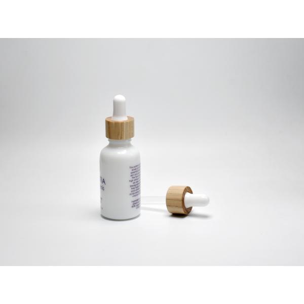 ES-D435B(W), opal white glass bottles with bamboo bulb rubber dropper cap, glass primary skin essence oil packaging