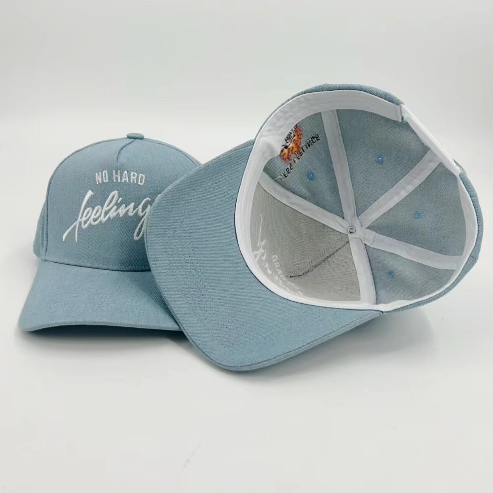 Custom A frame Denim Baseball Caps Fabric 3D Embroidered 5 pane Deniml Two tone