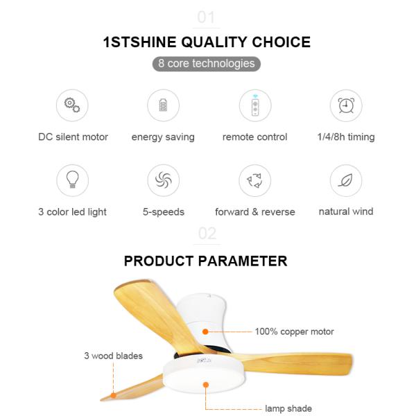 Ventilador de teto de perfil baixo com controle remoto de lâminas de madeira de 48
