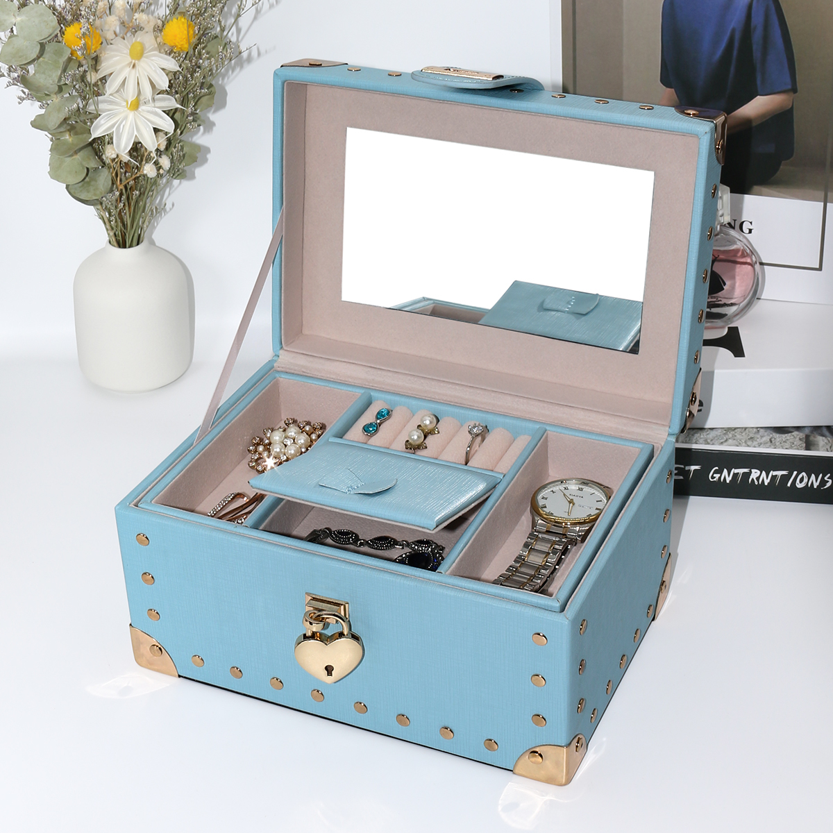 PU Leather Luxury Jewelry Storage Box Pink Blue 225x155x130mm Travel Jewellery Box