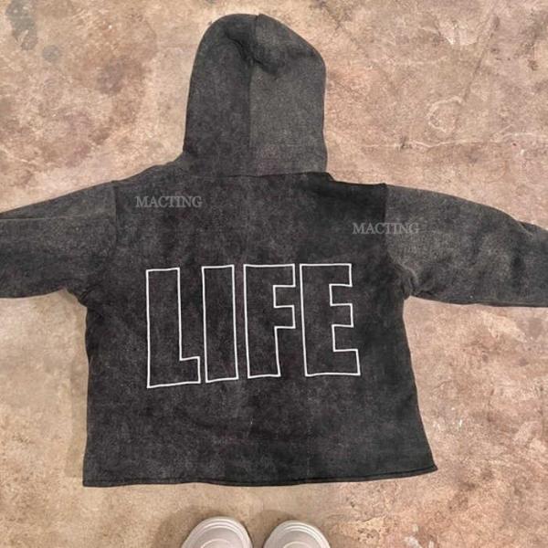 Unisex Vintage Hoodie com Patch de bordado Distressed Applique em algodão Terry Francês