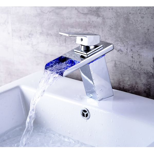Waterfall Basin Mixer Faucet with Ceramic Valve Core Single Hole and Temperature Sensitive LED Light