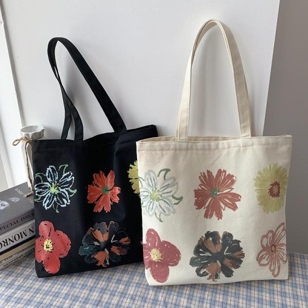 Contemporary Women's Handled Style Customized Canvas Tote Bag with Flower Printing