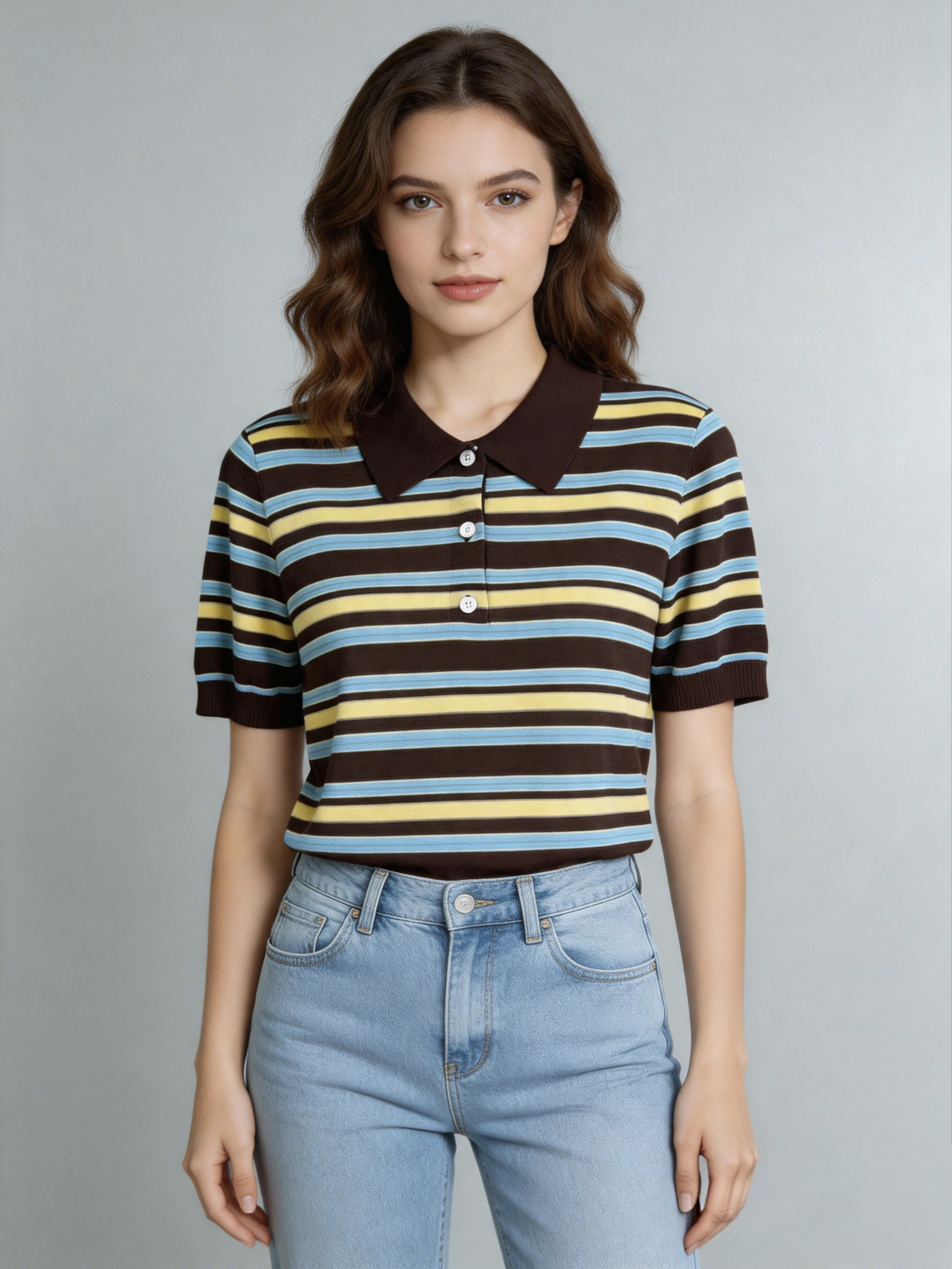 Women's 16G Breathable Computer Knitted Polo Top Knit Pullover