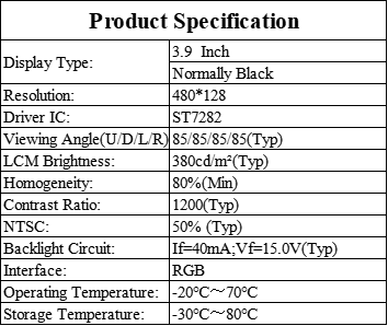 3.9 Inch Long Strip IPS TFT LCD Display 480×128 Resolution 380cd/M2 For Industrial Control