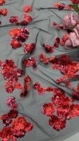 Nouvelle collection Tissu de dentelle brodée en paille rouge 3D Floral Élégante Tissu de broderie de mariage