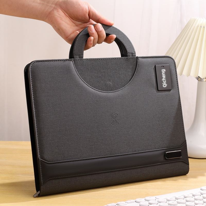 Multifunctional Business Portfolio Folder A4 Leather Notebook LED USB Wireless