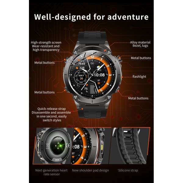 Outdoors Y101 Smart Watch 1.43inch Amoled 730mAh GPS 3ATM Flashlight Air Pressure Altitude Sports Watches Men Smartwatch