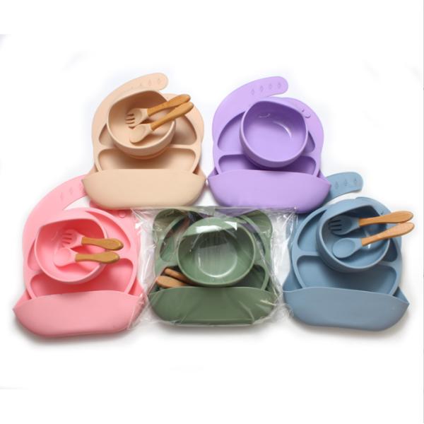 None Design Style Silicone Tableware for Baby 5pcs BPA Free Feeding Set Spoon Bowl