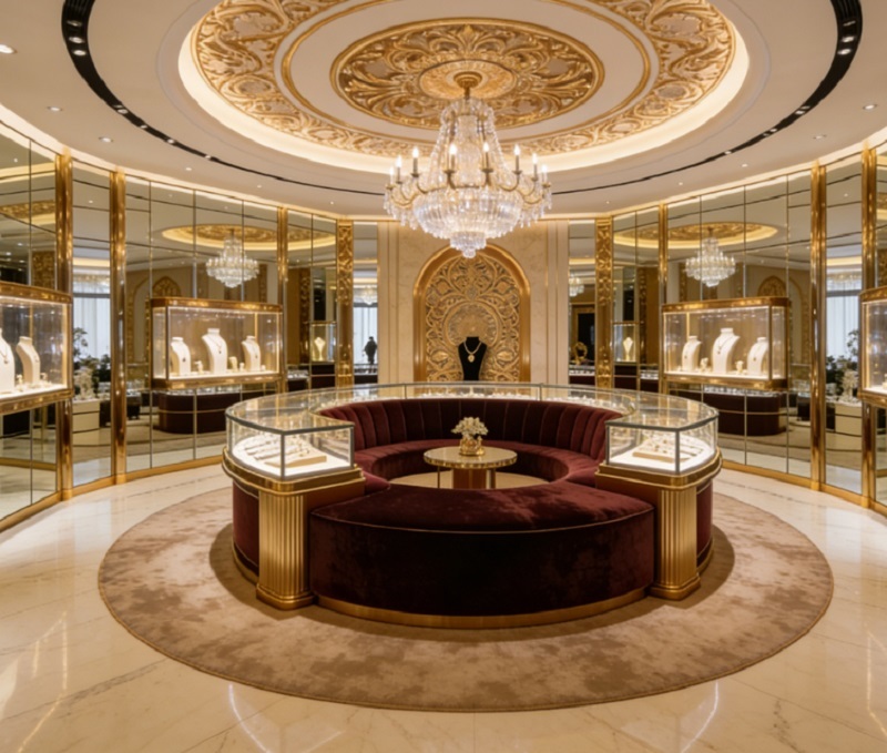 Luxury Jewelry Showcase with Gold Plated Frame Ultra-Clear Low-Iron Tempered