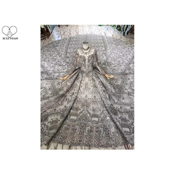 Backless Grey Tailor Made Prom Dresses , Long Sleeve Ball Gown Luxury Beading