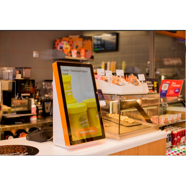24 Inch Orange Side Table Self Service Kiosk With Payment Machine Holder and Full HD Touch Screen