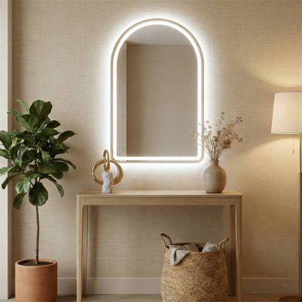 Modern LED Bathroom Mirror Golden Metal Wall Half Circle Arch Illuminated Bedroom Wide Arched Makeup Mirror for Villa Hotel Use