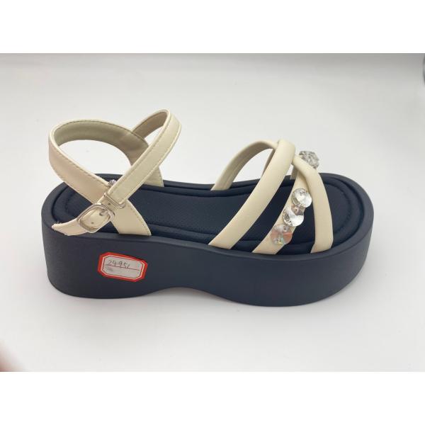 Women white bottomed sandals with rhinestone with pure color and genuine leather