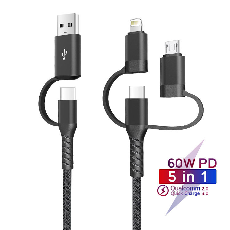 5 in 1 Multi USB Charging Cable 60W PD Fast Charging Nylon Braided Multi‑Connector Data Cable for iPhone Android Type‑C Micro USB