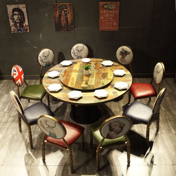 Customized Retro Industrial Fast Food  Furniture Wooden Cafe Restaurant Tables and Metal Leather Chairs