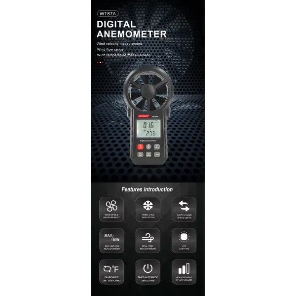 WT87A Digital Anemometer Shakeproof 0~5860 FT/Min Wind Speed Temperature Measuring