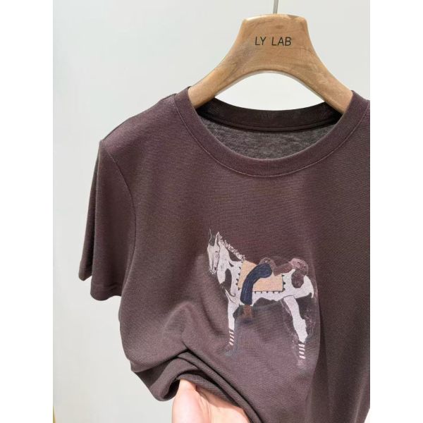 Spring and summer daily 82.3% Tencel 14.5% Wool 3.2% Spandex Black Coffee Cartoon Printed Tencel Wool T-shirt
