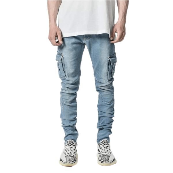 Men's Cargo Skinny Jeans with Side Pockets Quick Dry Denim Pants