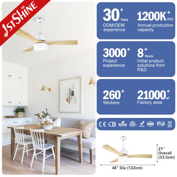 Copper Motor Bedroom Ceiling Fan Light 48 Inch 3 Solid Wood Blades