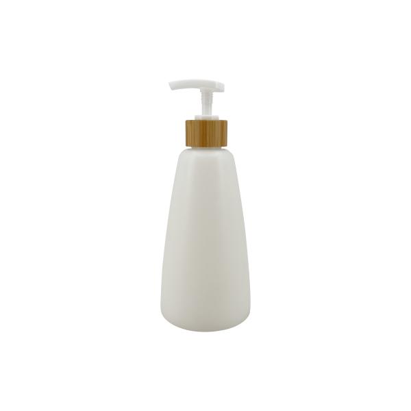 White Matte Conical Plastic Lotion Bottle With Bamboo Cap 250ml Cosmetic Dispenser Bottle