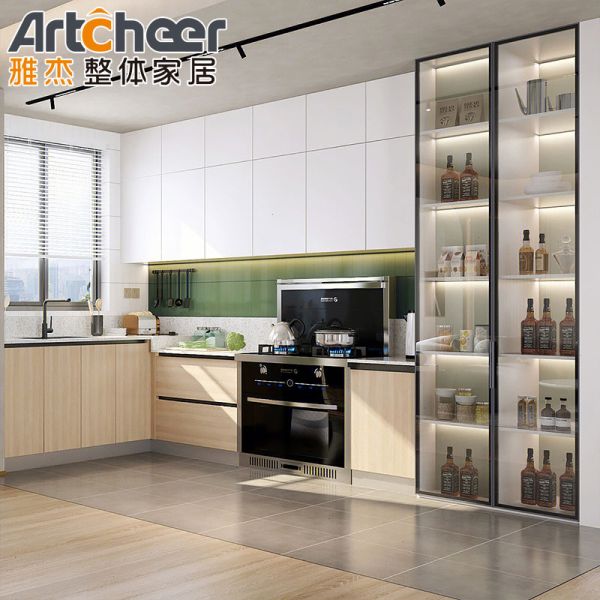 Custom Stainless Steel Kitchen Cabinet in White Oak Color with Tall Cabinet Closet for Apartment