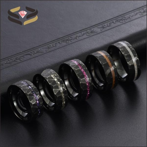 Anniversary Gift Black Hammered Tungsten Ring 8mm With Opal And Meteorite Inlay