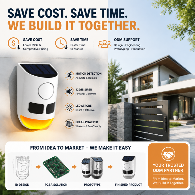Solar Powered Motion Sensor Alarm Light 129dB Siren 6 LED Strobe Custom ODM Solution