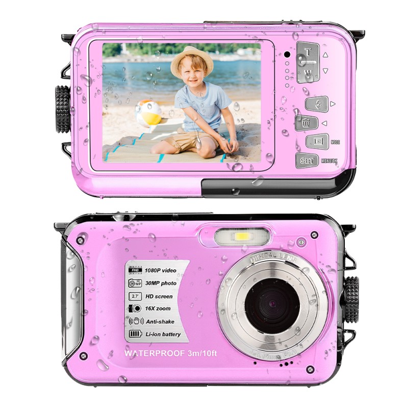 1080P Waterproof Camera 30M Underwater 16X Digital Zoom 2.7 Inch HD Screen Anti Shake 128GB TF Card Support for Diving Swimming