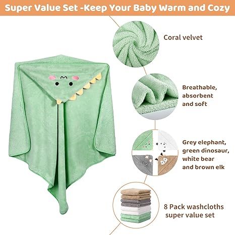 12 PCS Baby Bath Towels Set, 4 PCS Animal Hooded Baby Towels & 8 PCS Washcloths Set, Ultra Absorbent Cute Soft 