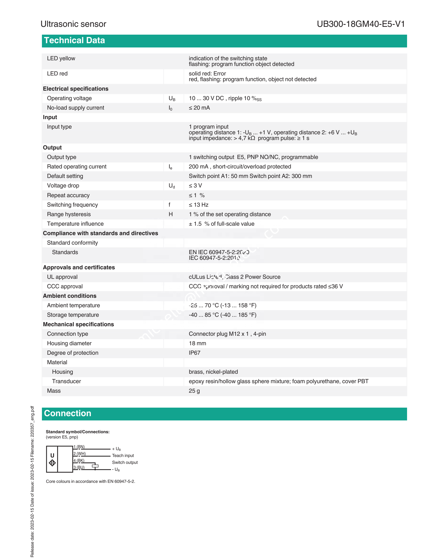 PEPPERL+FUCHS Ultrasonic Sensor UB300-18GM40-E5-V1 with Stainless Steel Construction for Industrial Automation and Universal Motor Type