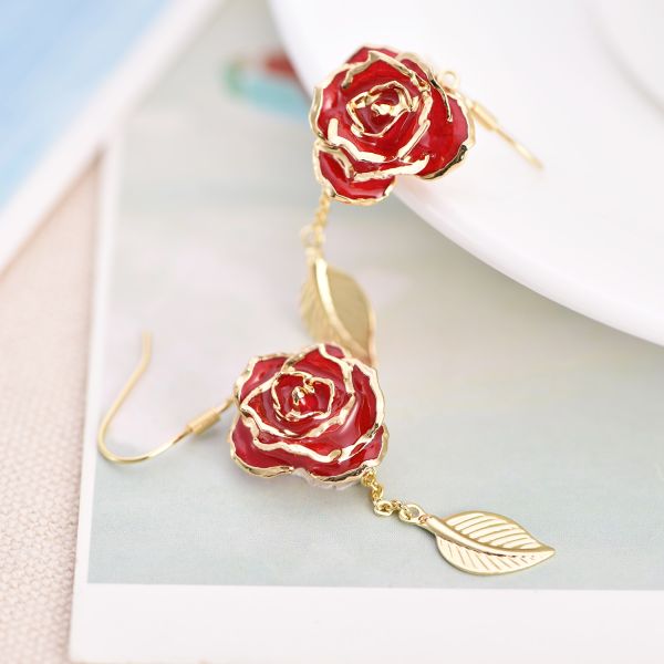 Rose Earrings 24k Gold Dipped Roses Gifts Valentine Day Holiday Everlasting Flowers