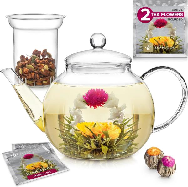 1500ml ((52oz) Chávena de vidro com infusor removível, Ehugos Stovetop Safe Grande Chávena de Chá, Florescente e mão de folhas soltas