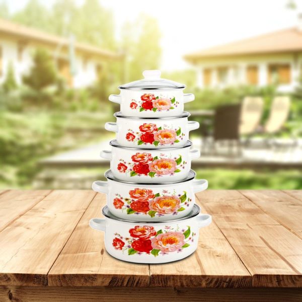 Enamel Casserole Hot Pot Cookware Set 5 PCS Glass Lid Flower Pattern