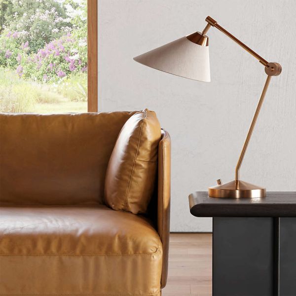 Antique Burnished Brass Table Lamp with Natural Linen Shade and Drum Shaped Design for Indoor Living Room
