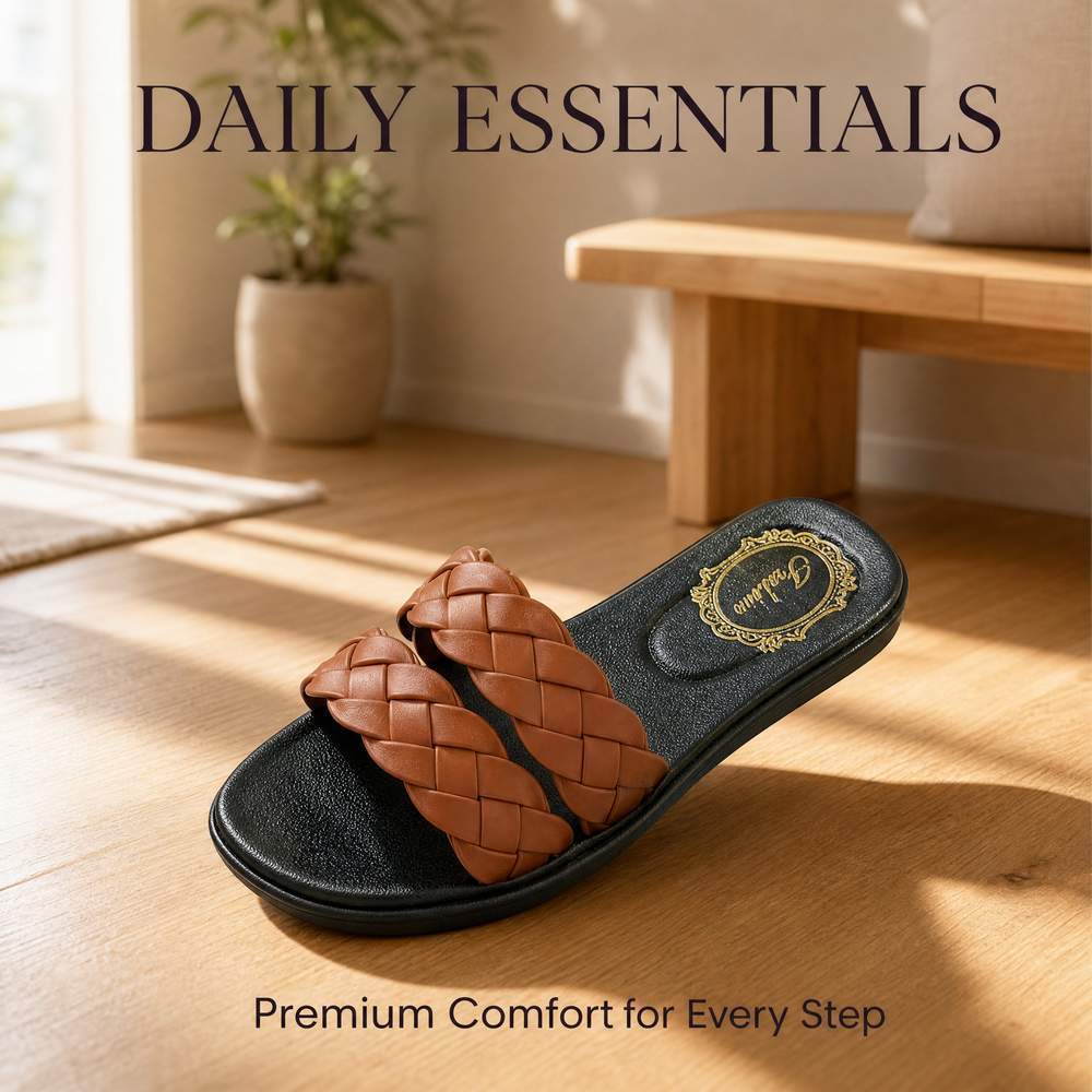 Woven Double Band Slides with Gold Emblem Footbed | Source Factory Supply