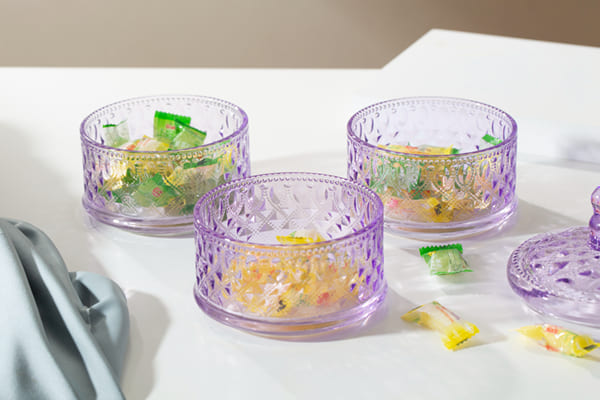 Purple Stacking Clear Glass Storage Jar 10 Inch Height Three Tier Glass Candy Dish