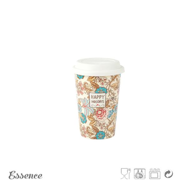 11OZ Bone China Mugs , Double Wall Design Ceramic Travel Mug With Silicone Lid