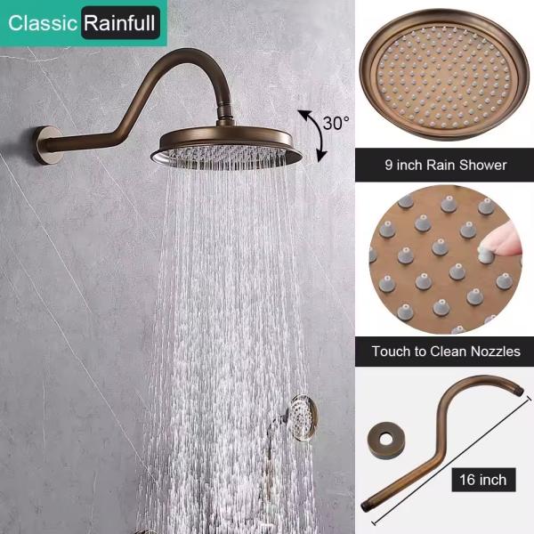 9 inch Rain Shower Head Antique Brass 3 Way Shower System Set for Exposed B S Faucet