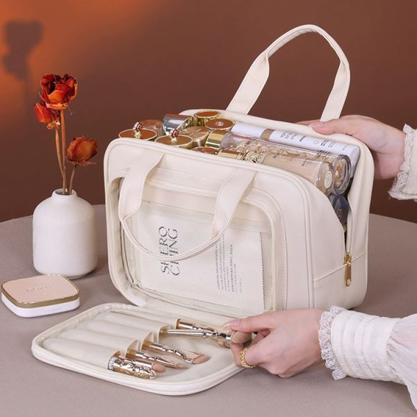 Portable PU Leather Beauty Vanity Cases Makeup Bag Organizer Large Capacity OEM Logo
