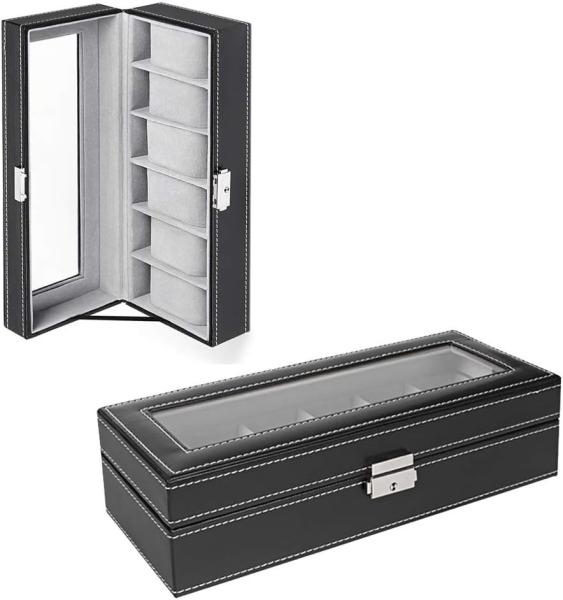 NEX 6 Slots Watch Box Organizer for Men, Black Watch Holder Stand Display Storage Case