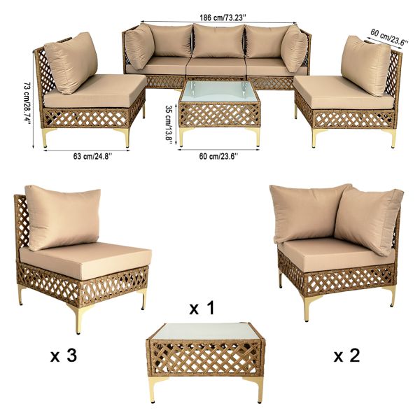 6 Pieces PE Wicker Sectional Outdoor Sofa with Coffee Table  Backyard Patio Furniture Sets