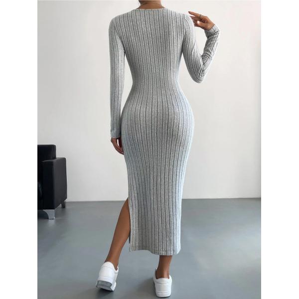 2024 Autumn and Winter New Long sleeved Round Neck Split Knitted Long Dress for Women