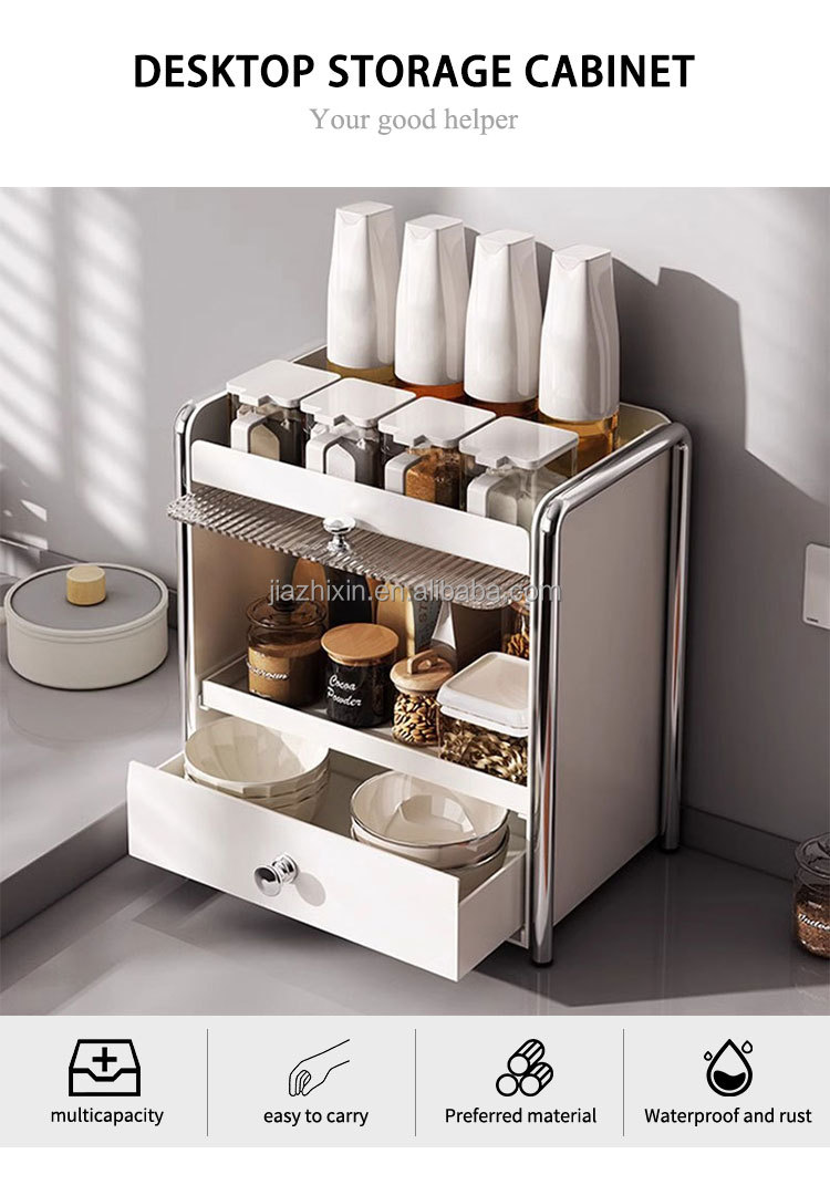 Pull-out 3 Tier Cosmetic Storage Box with Dust-proof Cabinet Door Kitchen Spice Jar Rack Coffee Capsule Drawer Desktop Organizer
