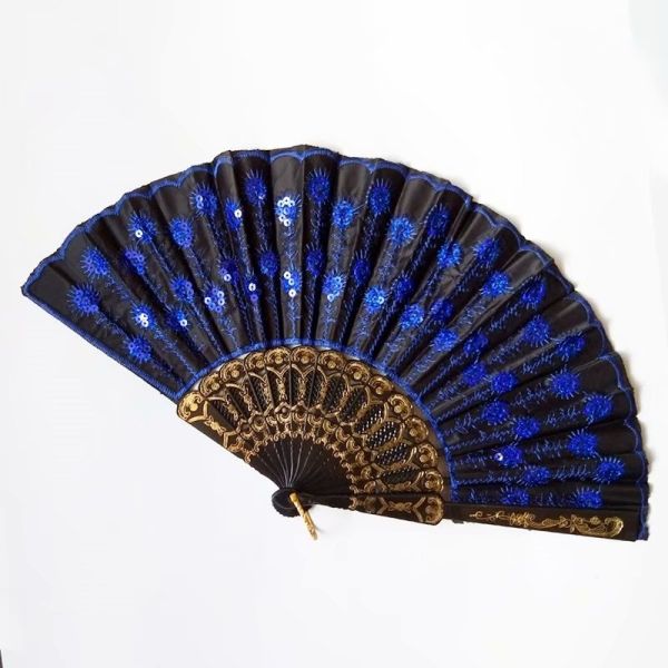 Hot Selling Foldable Hand Held Fan Black Plastic Embroidery Sequin Hand Fan