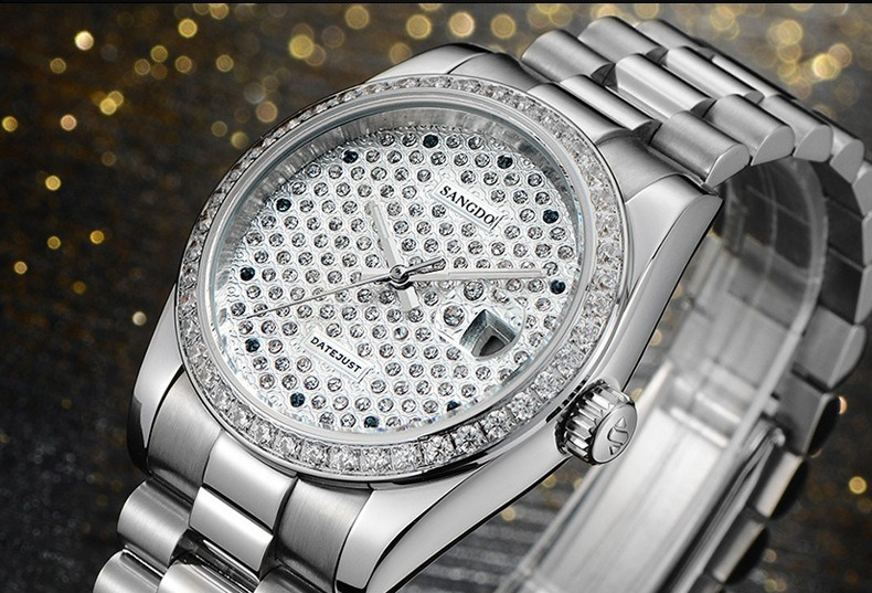 Full Diamond Dial Men Quartz Watch Stainless Steel Band Bling Crystal Bezel Luxury Business Wrist Watch Gift For Men Wedding Anniversary