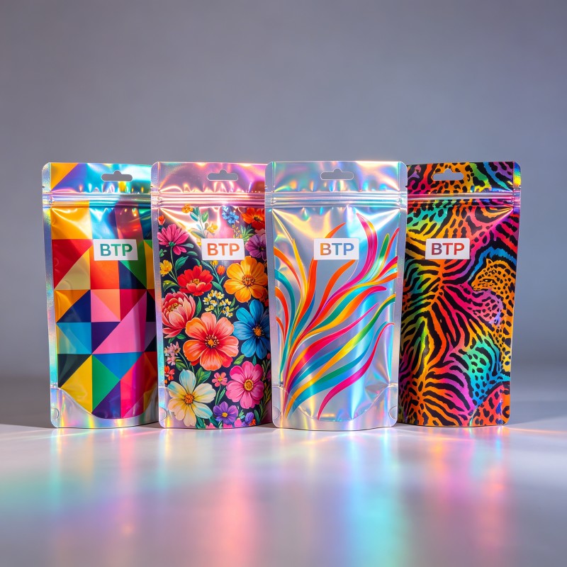 Custom Holographic Stand Up Ziplock Food Packaging Bags Low MOQ 100 For Snack