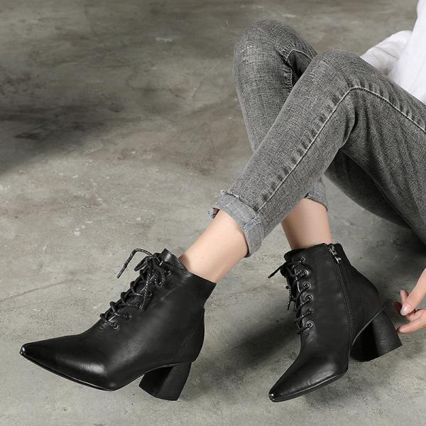 S221 Pointed toe leather short boots Korean style all-match high heel women's leather boots