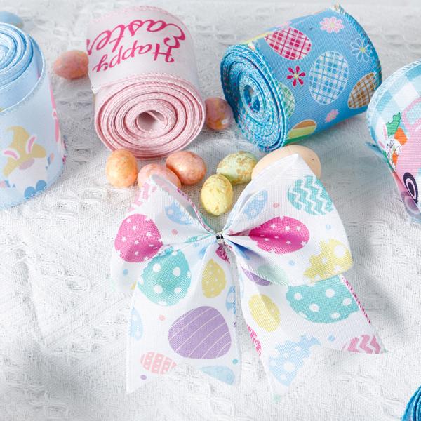 Printed Colored Egg Happy Easter MSD OEM White Ribbon Wired Edge Easter Burlap Ribbon